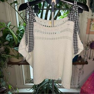Maeve White Knit Blouse with Black Gingham Straps